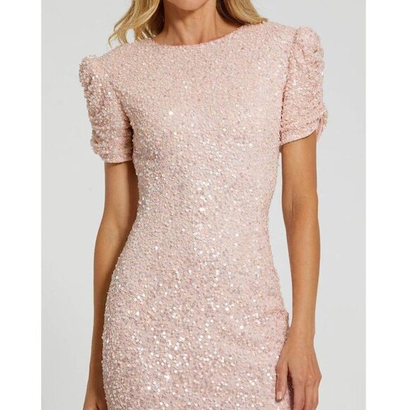 Mac Duggal 24003 Size 12 Pink Pearl Gathered Short Sleeve Long Maxi Gown Dress - Picture 3 of 6